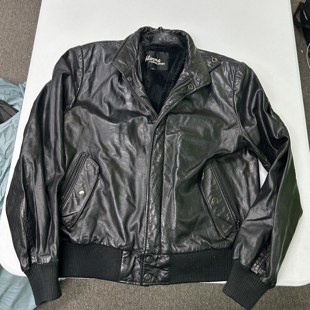 Wilsons Leather Bomber Jacket Mens 40 Black Faux Fur Lined Full Zip G2